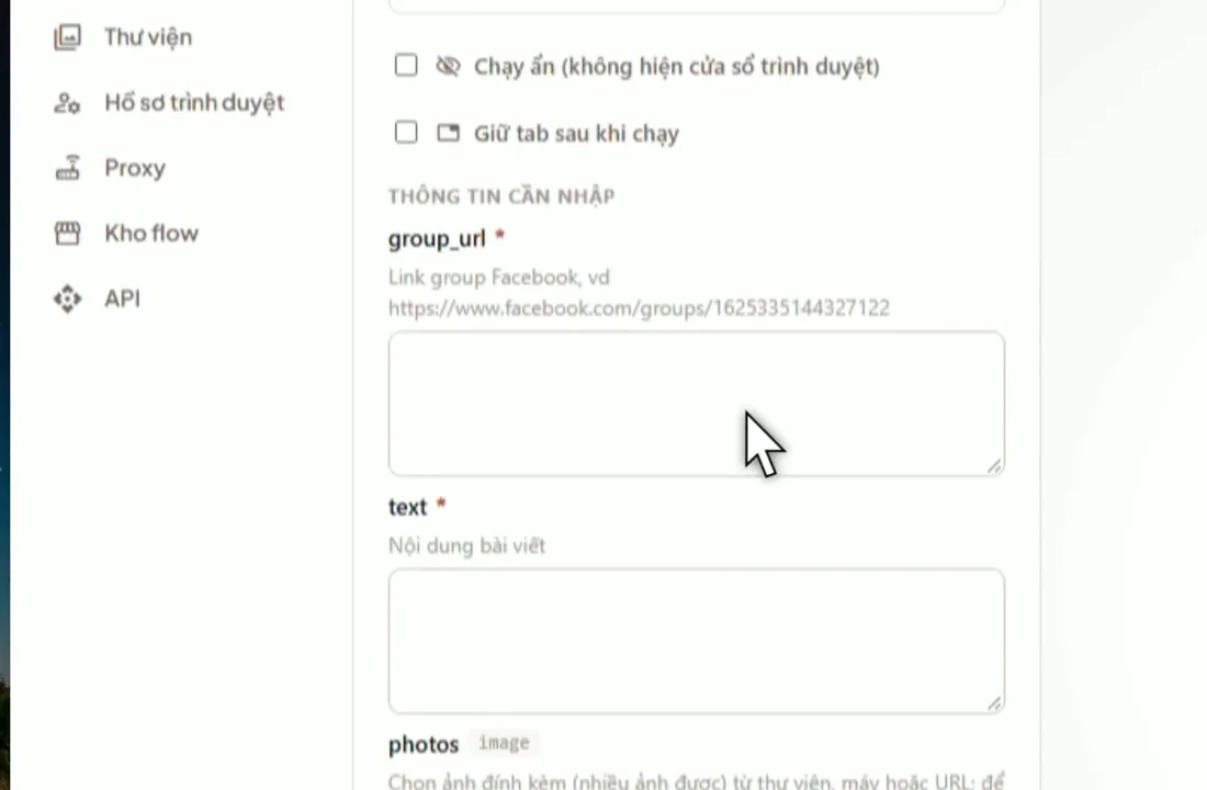 Màn hình chạy workflow đăng bài trong GaBee, các ô cần nhập: link group, nội dung bài, ảnh